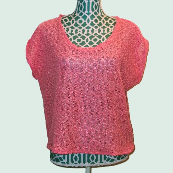 MNG by MANGO coquette pink gold sequin open knit sweater top, xl (fits 1x) - Picture 1 of 3